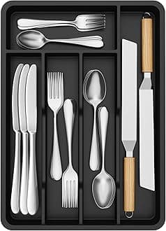 Lifewit Cutlery Drawer Organiser, Plastic Cutlery Tray for Kitchen, Utensil Flatware Silverware Holder Divider for Spoons Forks Knives Tableware, 5 Compartments, 24 x 34cm, Black