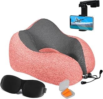Airplane Neck Pillow Includes Travel Pillow + Airplane Phone Holder Mount + Eye Masks + Earplugs for Travel, 100% Pure Memory Foam Travel Pillow, 5 Pc Travel Kit, (Pink)