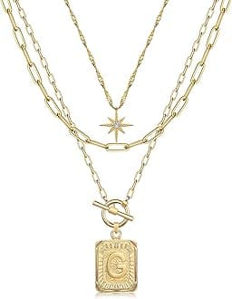 MJartoria Layered Initial Necklaces for Women Trendy, 14K Gold Plated Brass Simple Star Choker Square Letter Pendant Necklace, Paperclip Chain Necklaces Jewelry Gifts