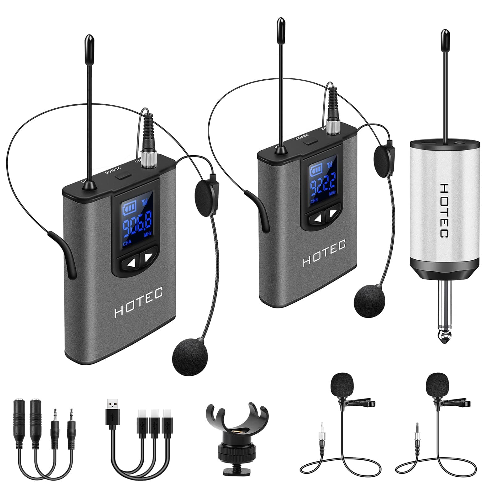 Wireless System with Dual Headset Microphones/Lavalier Lapel Mics and Bodypack Transmitters and One Mini Rechargeable Receiver 1/4" Output, for Live Performances
