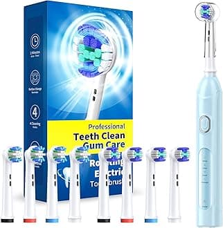 TEETHEORY Rotating Electric Toothbrush for Adults with 8 Brush Heads (2 Types), 4 Modes Deep Clean Electric Toothbrush with Rechargeable Power and 2 Min Smart Timer (7-SkyBlue, p1)