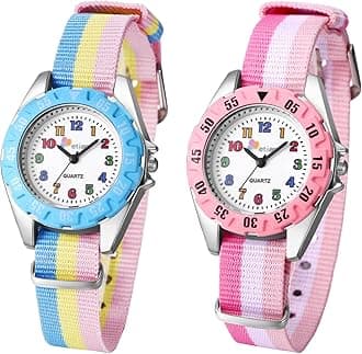 JewelryWe Kid Watches for Ages 6-16 Children Little Girls Quartz Watch Cute Colorful Rainbow First Time Teacher Easy Read Wrist Watches