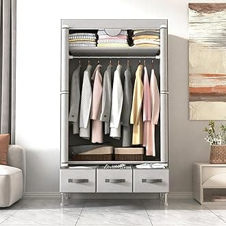 Portable Canvas Wardrobe with 3 Drawers and Shelves, 90 x 45 x 170 cm, Ash-White