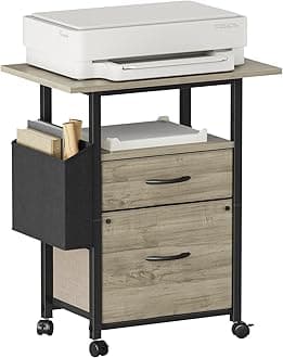 GYIIYUO 2 Drawer File Cabinet with 24'' Extended Desktop, Mobile Filing Cabinet, Rolling File Cabinet with Side Bag, Fabric Drawer, Fits A4/Letter Size, Printer Stand Home Office, Oak Grey
