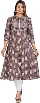 KANNAHI Women Pure Cotton Ethnic Motif Print A-line Straight Kurta Jaipuri Sanganeri Printed 3/4 Sleeve Kurti for Casual Party & Festival Wear for Girls & Womens