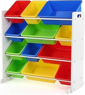 Kids Toy Storage Organizer with 12 Plastic Bins, White/Primary – Removable Bins for Playroom, Bedroom, Toddler Furniture for Boys and Girls Ages