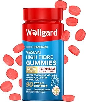 Vegan High Fibre Gummies Wellgard – High Strength Fibre Gummy Vitamins B₆, B₁₂, Biotin, and Folic Acid, Strawberry Flavour, UK Formulated