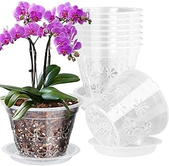 Orchid Pot, 8 Pack 8 inch Orchid Pots with Holes & Saucers, Clear Plastic Pot for Repotting, Breathable Ventilation Planters for Phalaenopsis, Dendrobium & Oncidium Orchids