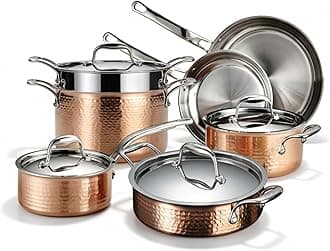 Lagostina Martellata Tri-ply Hammered Copper 11 PC Pots and Pans Cookware Set, Copper