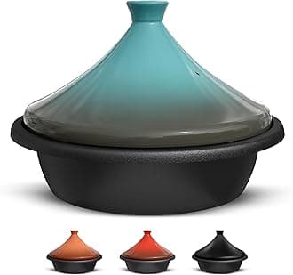 Kook Moroccan Tagine, Preseasoned Cast Iron Cooking Pot, Tajine with Ceramic Cone-Shaped Closed Lid, 3.3 QT (Stone Blue)
