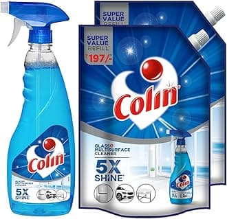 Colin 2.5L Glass and Surface Cleaner Liquid Spray - 1 Litre Refill x 2 + 500ml Spray Combo|India's #1 Glass Cleaner |Glass Cleaner for Car, Kitchen and Home Surfaces