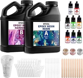 EPODA 64oz/1.9L Epoxy Resin Kit and Hardener, Bubble Free Casting, Clear Resin for Crafts with Measuring Cups, Sticks, Gloves, Pigment and Dropper Pipette （1:1）