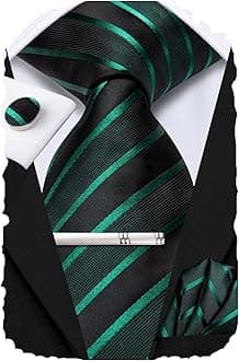 Hi-Tie Classic Mens Silk Ties Set 4 PCS Necktie Pocket Square Cufflinks Clip Pin Solid Strip Paisley Tie,Black Teal Green