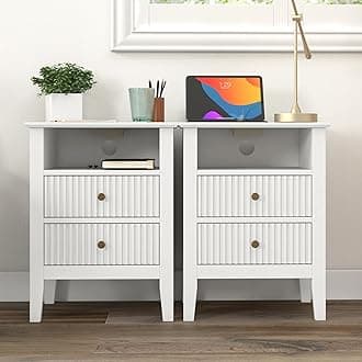 RoyalCraft Nightstand Set of 2 with Charging Station, Modern Side Table 2 Drawers & Storage Shelf, 2-Tier End Table USB Ports & Outlets, Wood Night Stand Cabinet for Living Room, Bedroom, White