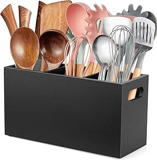 ALELION Large Utensil Holder with Removable Divider - 3 Compartment Wooden Utensil Caddy Organizer for Kitchen Counter - Black Cooking Utensil Crock for Countertop