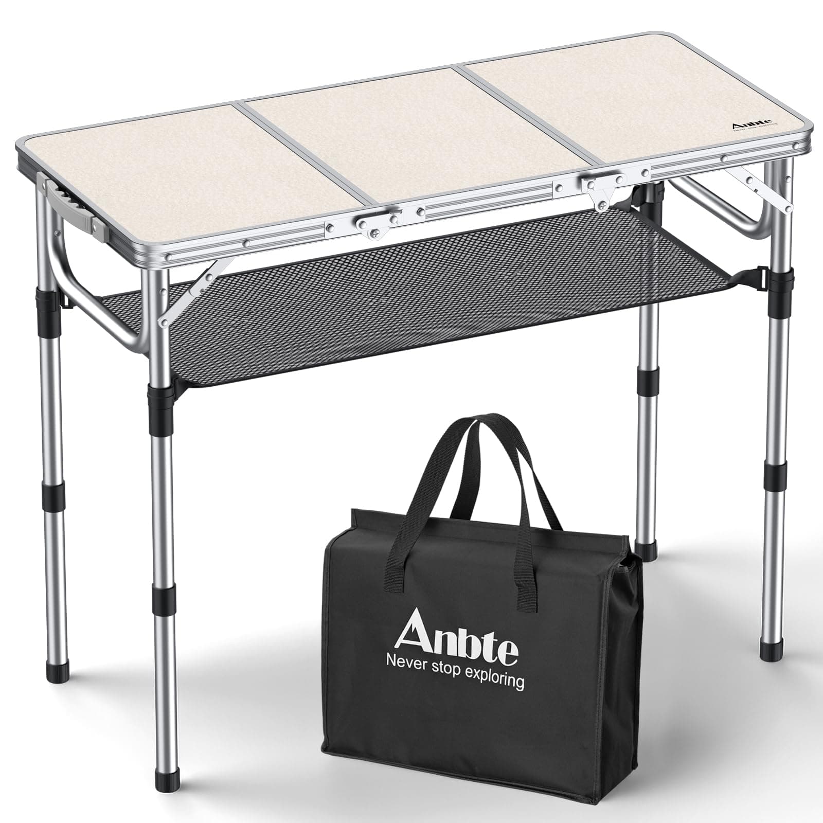 Anbte Folding Camping Table with Storage Net, 3ft Camping Table Aluminum Folding Table with 3 Adjustable Height Max 27.1 Inch, Portable, for Outdoor Backyard BBQ, Silver