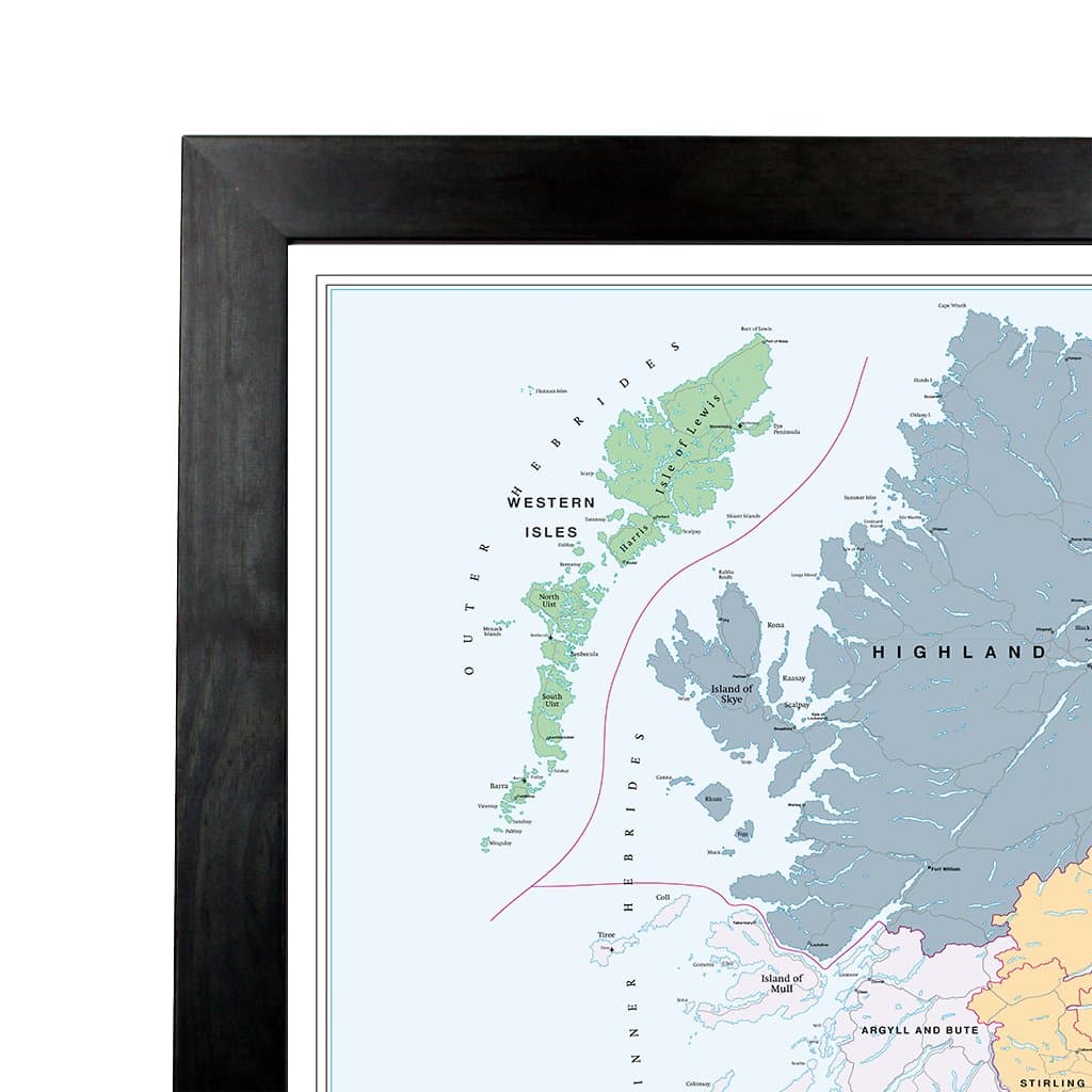 UK Wall Map –Large Laminated Black Wood Framed Map - British Isles County, District and Unitary Authority Boundaries | Local District Councils, Roadmap, Postcode Areas, London Boroughs, Pop Figures