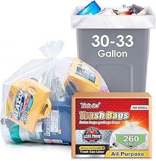 Teivio 30-33 Gallon 260 Counts Large Multipurpose Trash Bags w/Ties Sturdy Garbage Bags,30 Gal 31 Gal 32Gal 33 Gal 35 Gal,Leaf Bags Outdoor Commercial Trash Can Liner for Construction Sites(Clear)