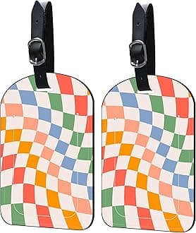 2 Pack Luggage Tags Retro Psychedelic Checkerboard PU Leather Baggage Handbag Suitcase Tags with Secure Strap Privacy Cover ID Labels,Business Travel Baggage Tag Identifier