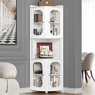 Keyluv Corner Cabinet 69" Tall Storage Cabinet with 5-Tier Shelves Bookcase Glassed Doors Display Corner Hutch, Modern Wooden Storage Organizer for Living Room, Bathroom, Home Office, Kitchen, White