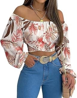 MIRACMODA Woman Off Shoulder Ruched Tie Back Crop Top Summer Lantern Sleeve Boho Shirt Blouse
