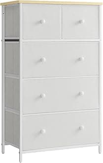 SONGMICS Chest of Drawers, Fabric 5-Drawer Storage Organiser Unit, Dresser, for Living Room, Hallway, Nursery, White and Oak LTS514W57