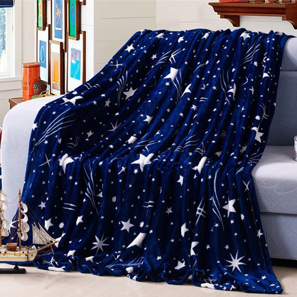 ZHH Throw Blanket for Sofa Bed Ideas - Flannel Single Size Silk Touch Throw Navy Blue Star Warm Fluffy Blanket for Travel, Couch, 120x200cm