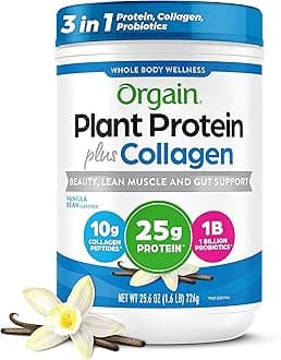 Orgain Protein Powder + Collagen, Vanilla Bean - 25g of Protein, 10g Collagen Peptides, Type I & III, 1B CFU Probiotics, Supports Hair, Skin, Nail, Joint & Gut Health, Gluten Free - 1.6lb