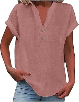 Tunic Tops for Women Loose Fit Dressy Casual Buttons Vneck Blouses Trendy Summer Cotton Linen Shirt Holiday Outfits