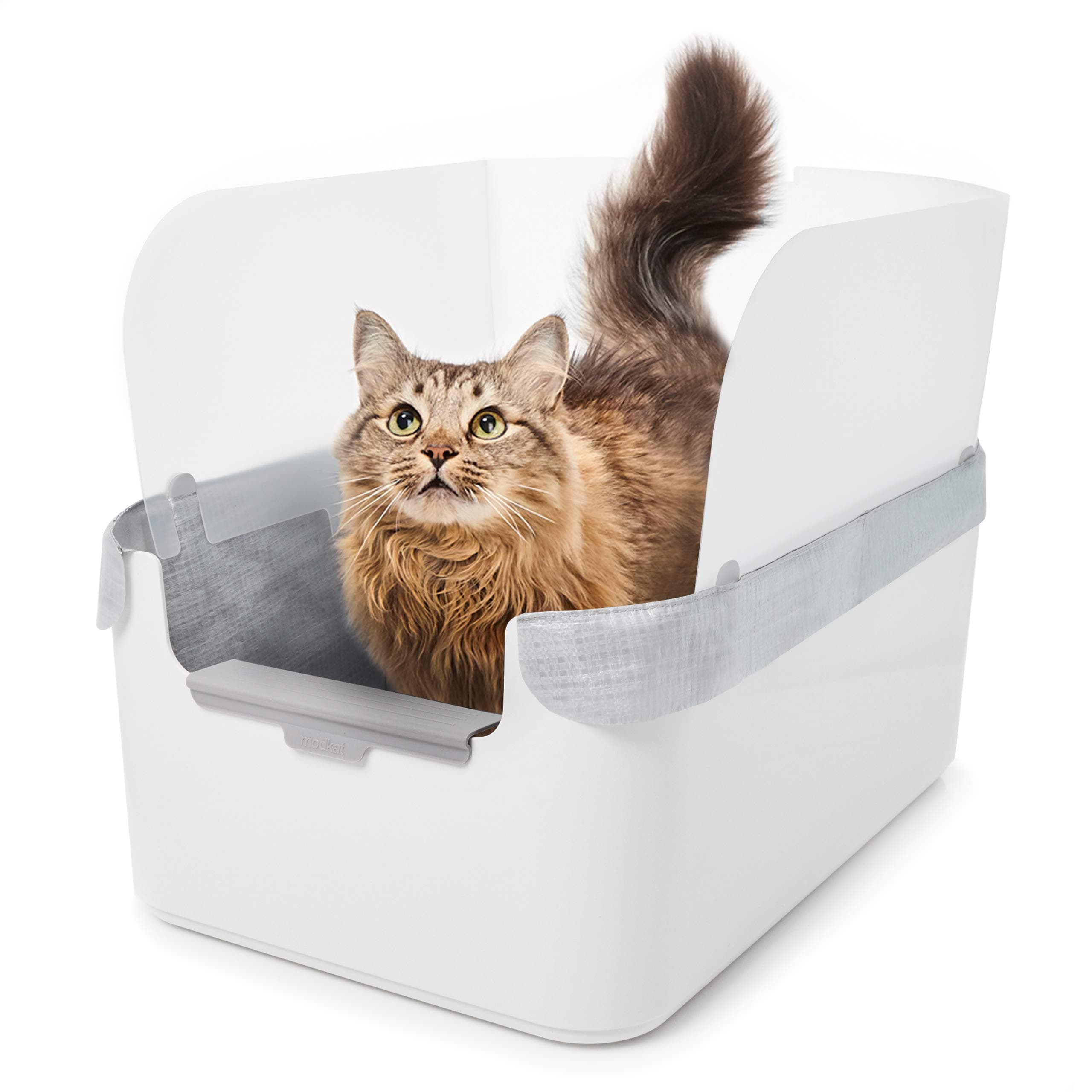Modkat Litter Tray - Cat Litter Box with Walk-Off Platform, Splash Guard, Clips & Reusable Liner Type G - Ideal for High Pee-ers & Litter Kickers, Easy to Clean, Durable Scoop Included