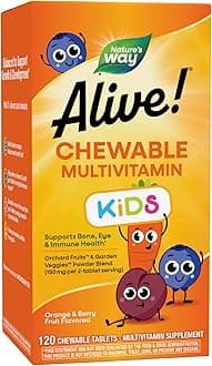 Alive! Children's Daily Chewable Multivitamin Supports Bone, Eye, Immune Health*, Orange and Berry Fruit Flavored, Gluten Free, 120 Tablets