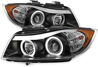 AKKON For 06-08 BMW E90 3-Series 4 Doors Sedan Black Bezel Halogen Type [LED Halo] Ring Eye Lid Projector Headlights