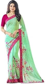 RAJESHWAR FASHION WITH RF Women's Latest Stylish Fancy Georgette Printed Saree For Women With Jacquard Border & Blouse (Multicolored)