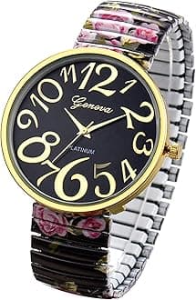Avaner Women's Elastic Strap Watches: Ladies Easy Reader Floral Printed Stretch Band Big Number Analog Quartz Bangle Wrist Watch