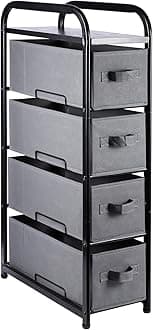 MAX Houser 4 Drawer Narrow Dresser Fabric Storage Tower Vertical Slim Storage Chest Organizer Nightstand Side/End Table Small Standing Organizer Removable Drawers Wood Top for Bedroom, Bathroom（Grey