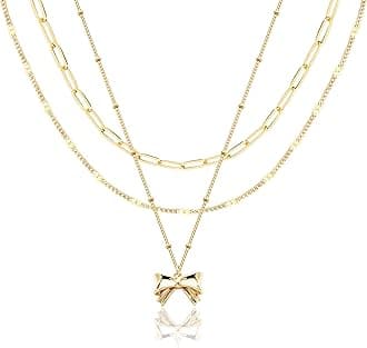 Layered Gold Necklaces for Women, Stackable Dainty 14K Gold Silver Plated Trendy Simple Heart Diamond Cross Bow Circle Pendant Paperclip Choker Dot Chain Necklace,Jewelry Set Gifts for Women