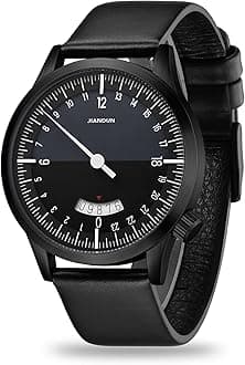 JIANDUNSwiss Movement Men's One Hand 24 Hour Watch Single Hand Black Case with Italian Leather Strap