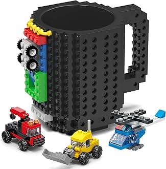 DAYMOO Build-on Brick Mug Set with 3 Random Packs of 2-in-1 Bricks, Funny Cool Coffee Mugs for Kids Men Him Dad Boys and Girls, Novelty Gifts for Christmas Xmas Easters Birthdays - Black