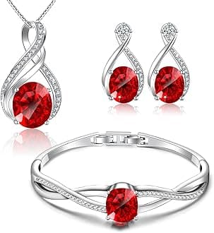 Charming Crystal Jewelry Sets For Women 18K White Gold Bracelet Necklace And Earrings Sets For Wife Girlfriend Or Mothers Idea Gift For Mother's day (Ruby)
