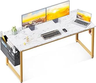 ODK Computer Desk Large Office Desk, 55 Inch Gaming Desk with Storage, Modern PC Desk Work Table with Headphone Hook for Home Office, White Marble + Gold Leg