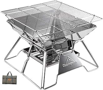 CAMPINGMOON Portable Campfire BBQ Grill 14 Inch Stainless Steel Folding Fire Pit Wood Burning Adjustable Height Outdoor Cooking RV Camping Carry Bag MT-2