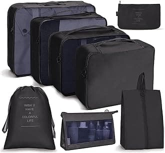 OCEANEVO8 Pcs Packing Cubes for Travel, Travel Organizer Bags for Luggage, Suitcase with Toiletry Pouch and Shoe Bag - Set of 8 - Black, Polyester, L : 42x32x11 Cm