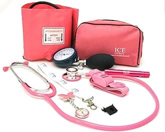 Pink Aneroid Blood Pressure Sphygmomanometer Monitor, Stethoscope, Pen Light (Pen Torch), Tourniquet, Butterfly Nurse Watch, Lanyard ID Card Holder - Starter Set