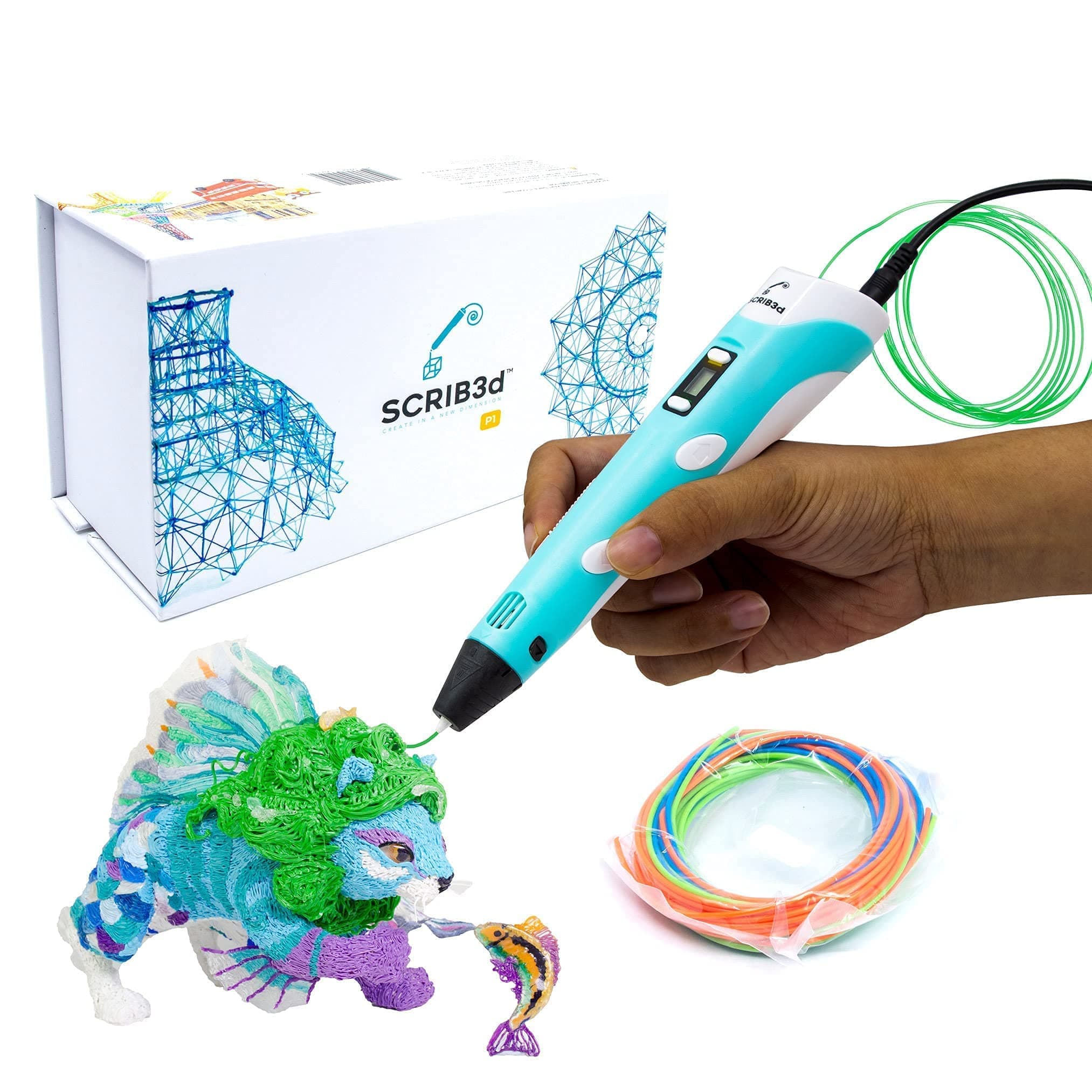 P1 3D Printing Pen with Display - Includes 3D Pen, 3 Starter Colors of PLA Filament, Stencil Book + Project Guide, and Power adapter