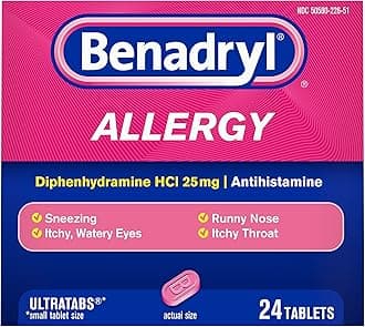 Benadryl Ultratabs Antihistamine Allergy Relief Tablets, Diphenhydramine HCl 25mg, 24 Count (Pack of 2)