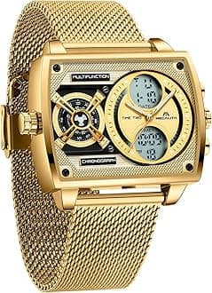 – Square Watches for Stylish Mens: Analogue Digital Waterproof Wrist Watch with Multi-Time Zone Large Dial - Gifts for Business Dress Men