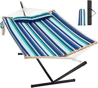 Two Person Hammock with Stand for Outside Heavy Duty, Outdoor Patio Hammock with Portable Steel Stand, Large Double Hammocks,480lbs Capacity.(Blue Stripes)
