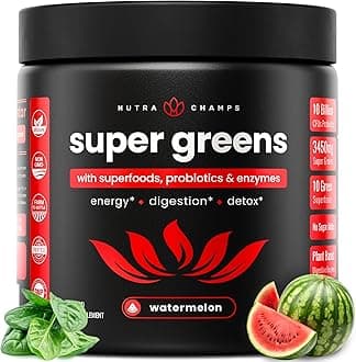NutraChamps Super Greens Powder Premium Superfood | 20+ Organic Green Veggie Whole Foods | Alfalfa, Spirulina, Chlorella & More | Antioxidant, Digestive Enzyme & Probiotic Blends | Watermelon