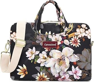 Canvaslove Floral Laptop Messenger Bag, Water Resistant Canvas, 15-16 inch Compatible, Black with Blue and White Flowers