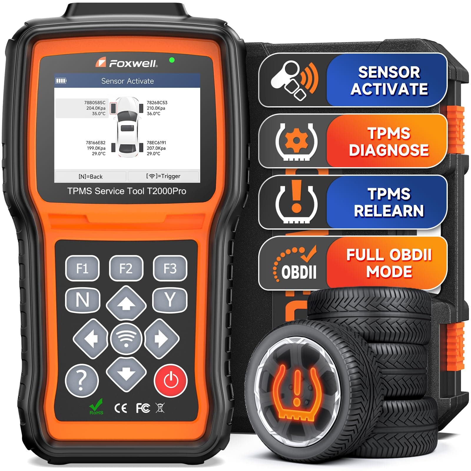 FOXWELL T2000Pro TPMS Relearn Tool, Activate/Relearn All Sensors, TPMS Scan Tool Read/Clear DTCs, Read Sensor Data, TPMS Programming Tool Only for T10 Sensors (315/433MHz)